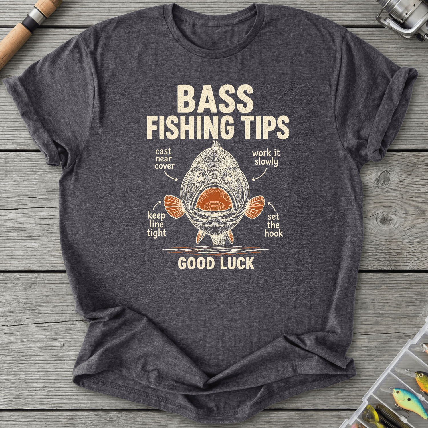 Bass Fishing Tips T-Shirt in Dark Heather Grey | River Giants Club