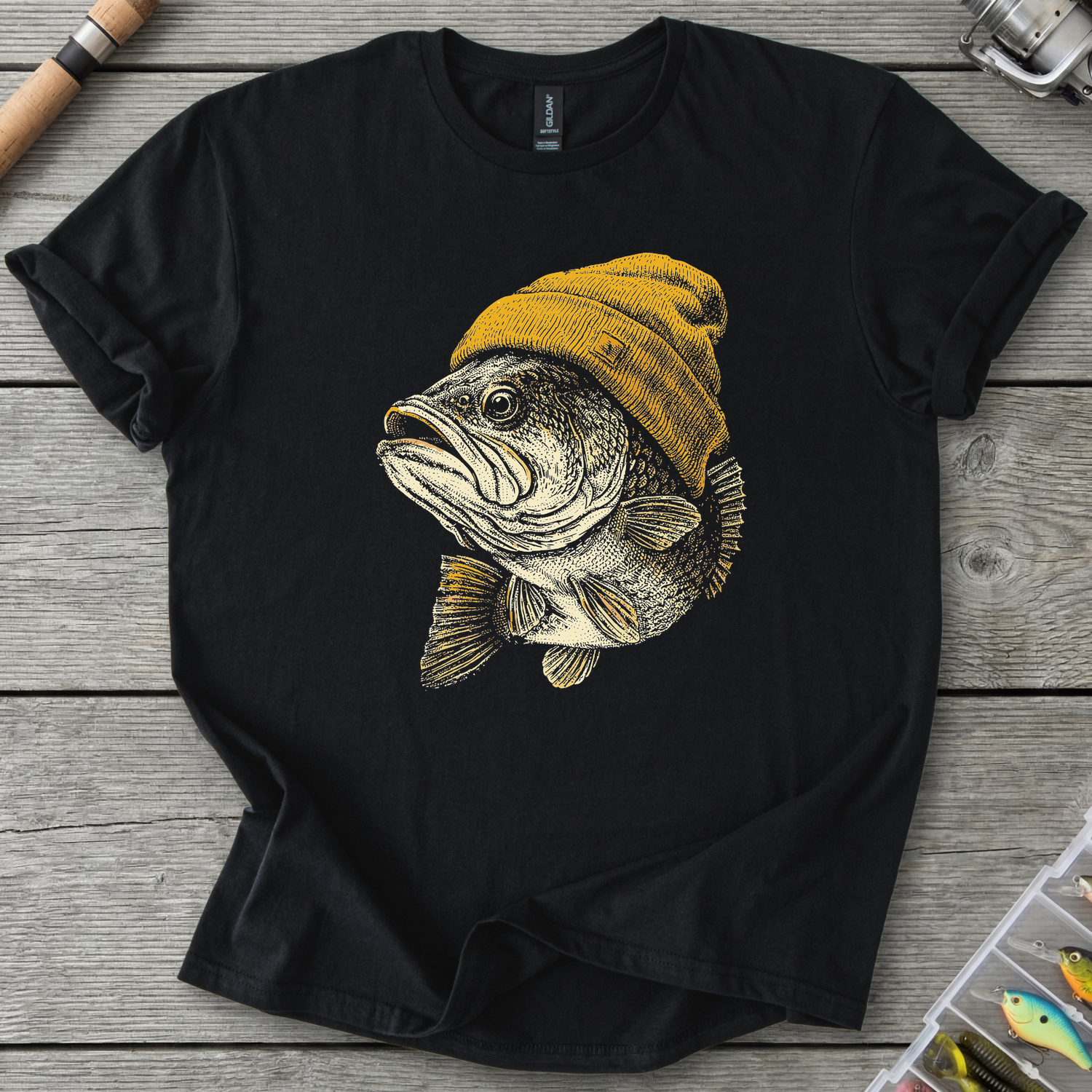 Bass In A Beanie Funny Fishing T-Shirt in Black | River Giants Club