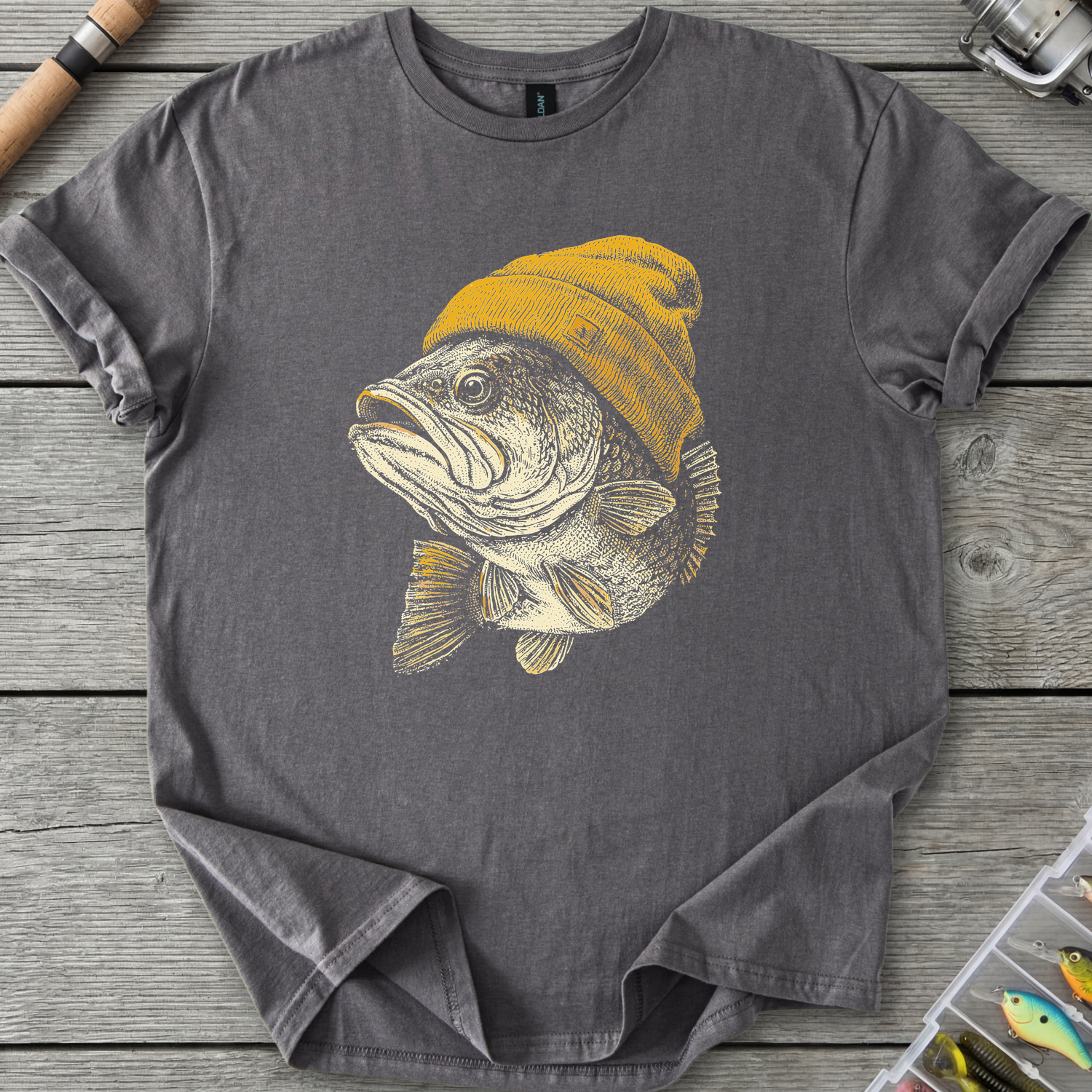 Bass In A Beanie Funny Fishing T-Shirt in Charcoal | River Giants Club