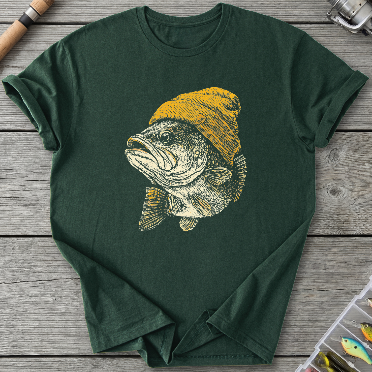 Bass In A Beanie Funny Fishing T-Shirt in Forest Green | River Giants Club