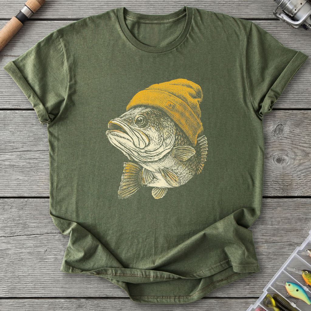 Bass In A Beanie Funny Fishing T-Shirt in Military Green | River Giants Club