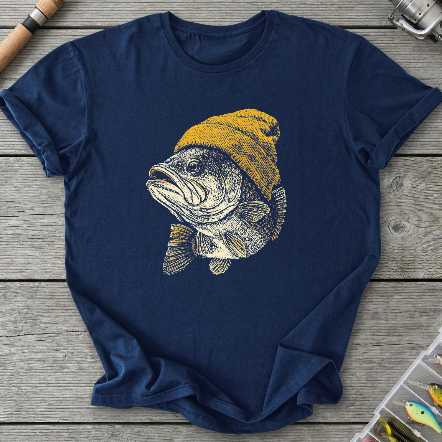 Bass In A Beanie Funny Fishing T-Shirt in Navy | River Giants Club