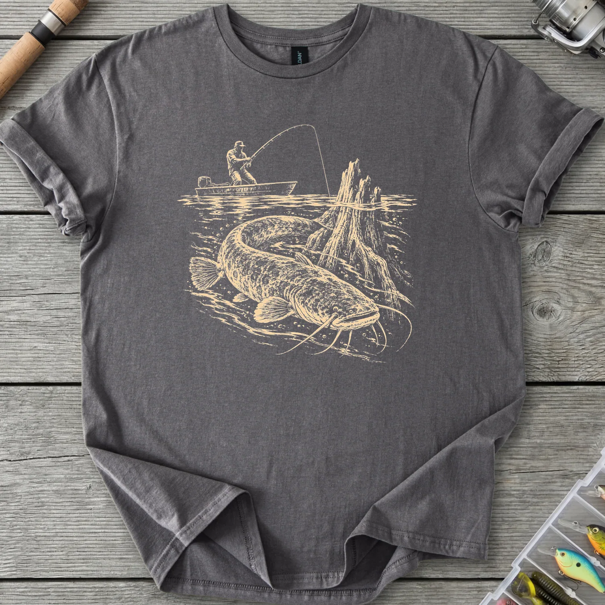 Bayou Flathead Fishing T-Shirt in Charcoal | River Giants Club