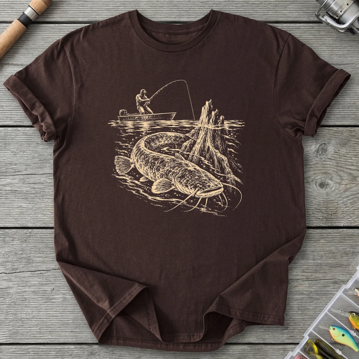 Bayou Flathead Fishing T-Shirt in Dark Chocolate | River Giants Club