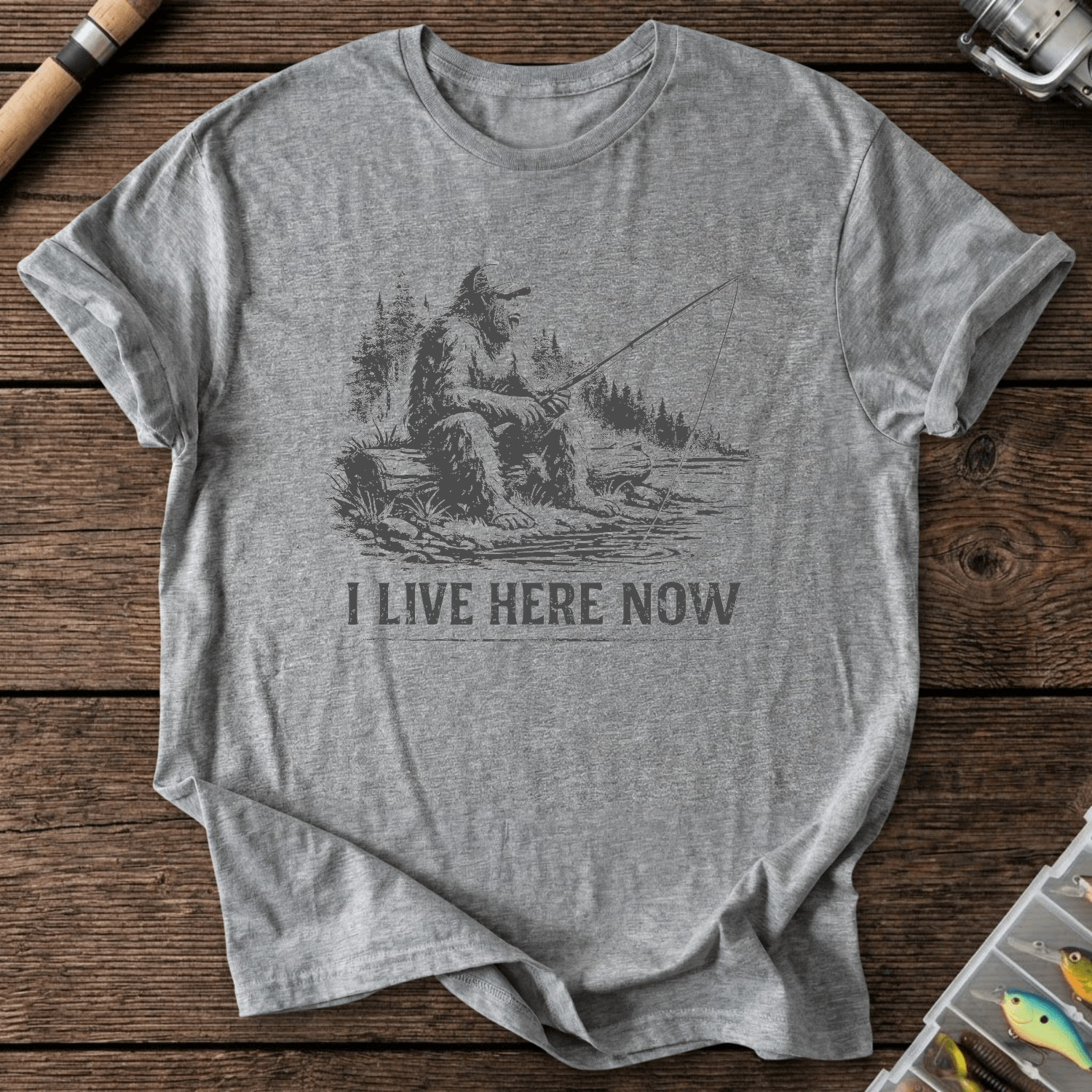 Bigfoot Live Here Fishing T-Shirt in Graphite Heather | River Giants Club