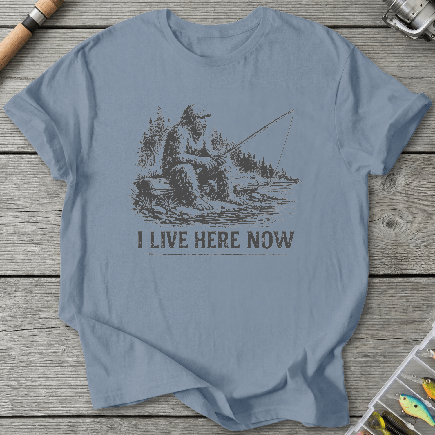 Bigfoot Live Here Fishing T-Shirt in Stone Blue | River Giants Club