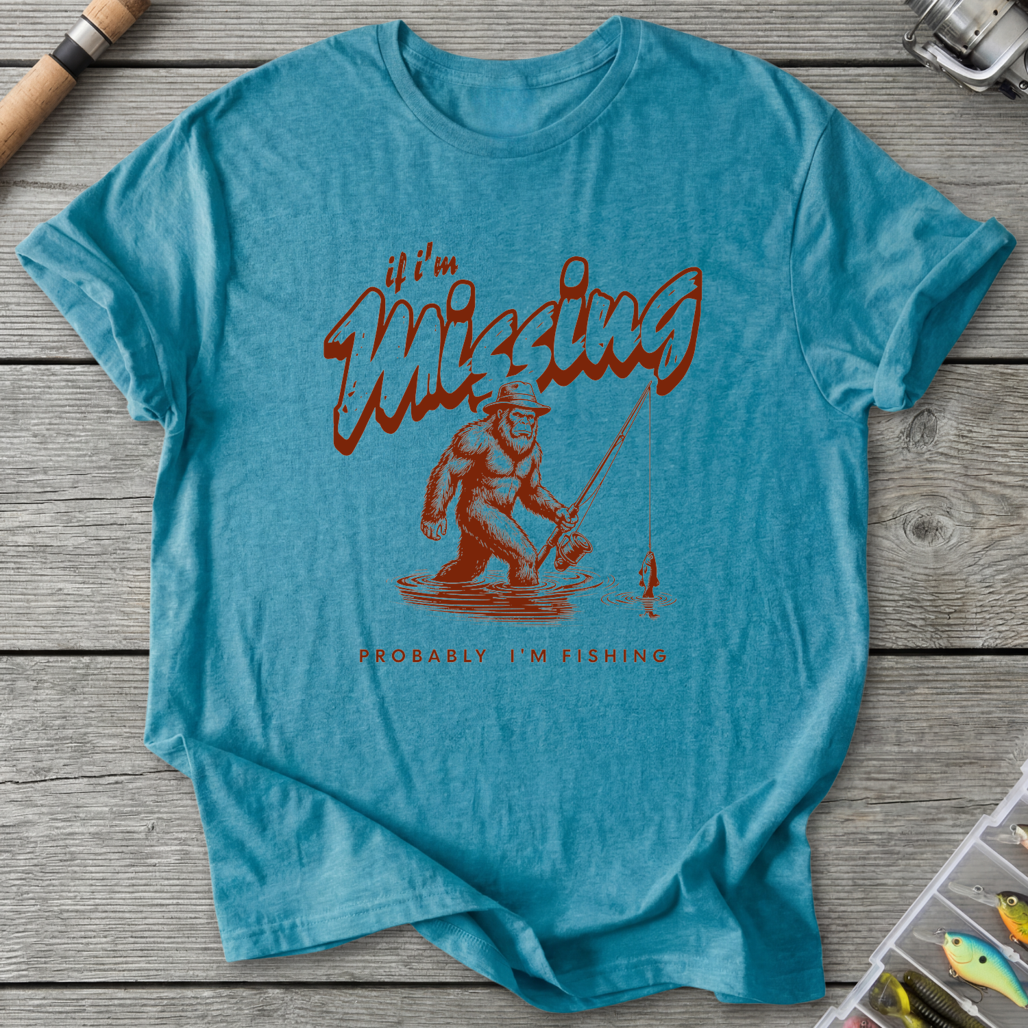 Bigfoot Probably Fishing T-Shirt in Heather Galapagos Blue | River Giants Club