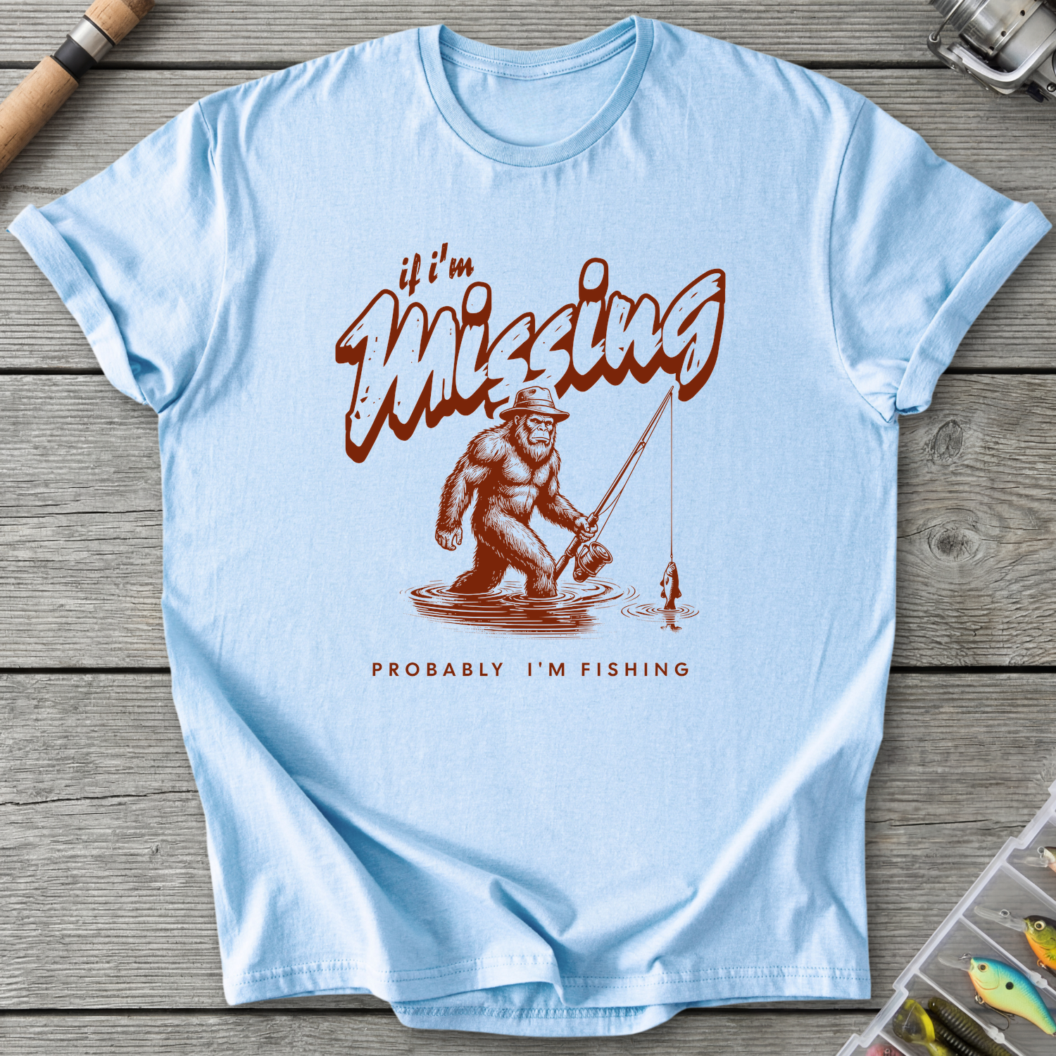 Bigfoot Probably Fishing T-Shirt in Light Blue | River Giants Club