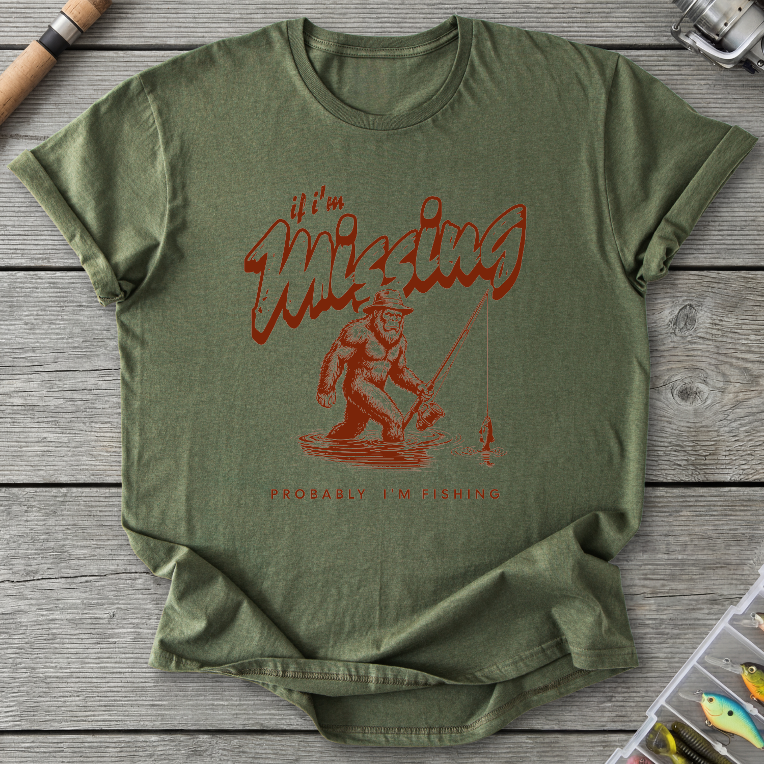 Bigfoot Probably Fishing T-Shirt in Military Green | River Giants Club