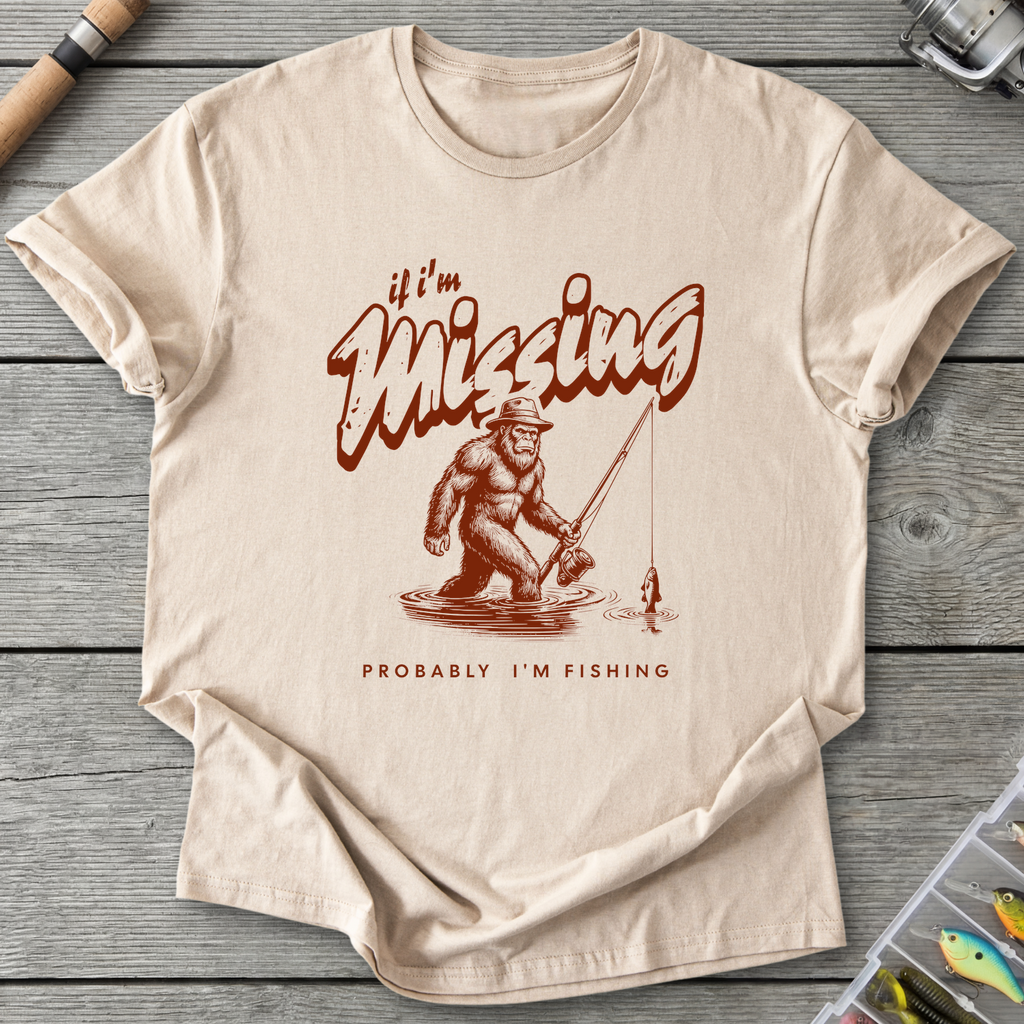 Bigfoot Probably Fishing T-Shirt in Sand | River Giants Club