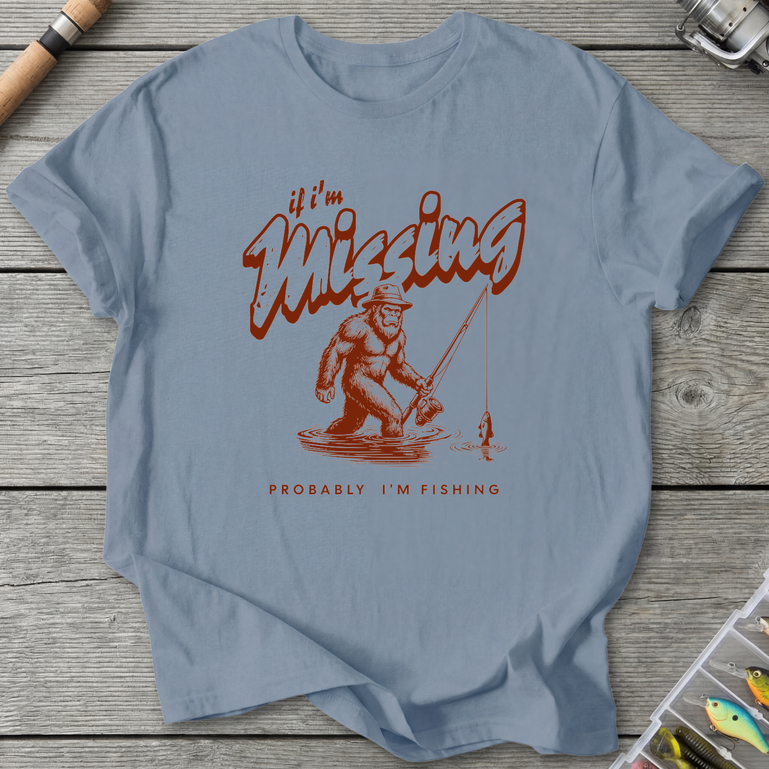 Bigfoot Probably Fishing T-Shirt in Stone Blue | River Giants Club