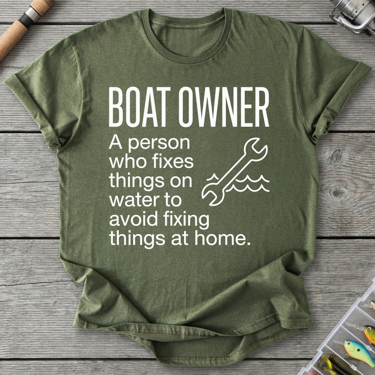 Boat Owner Humor Graphic T-Shirt in Military Green | River Giants Club