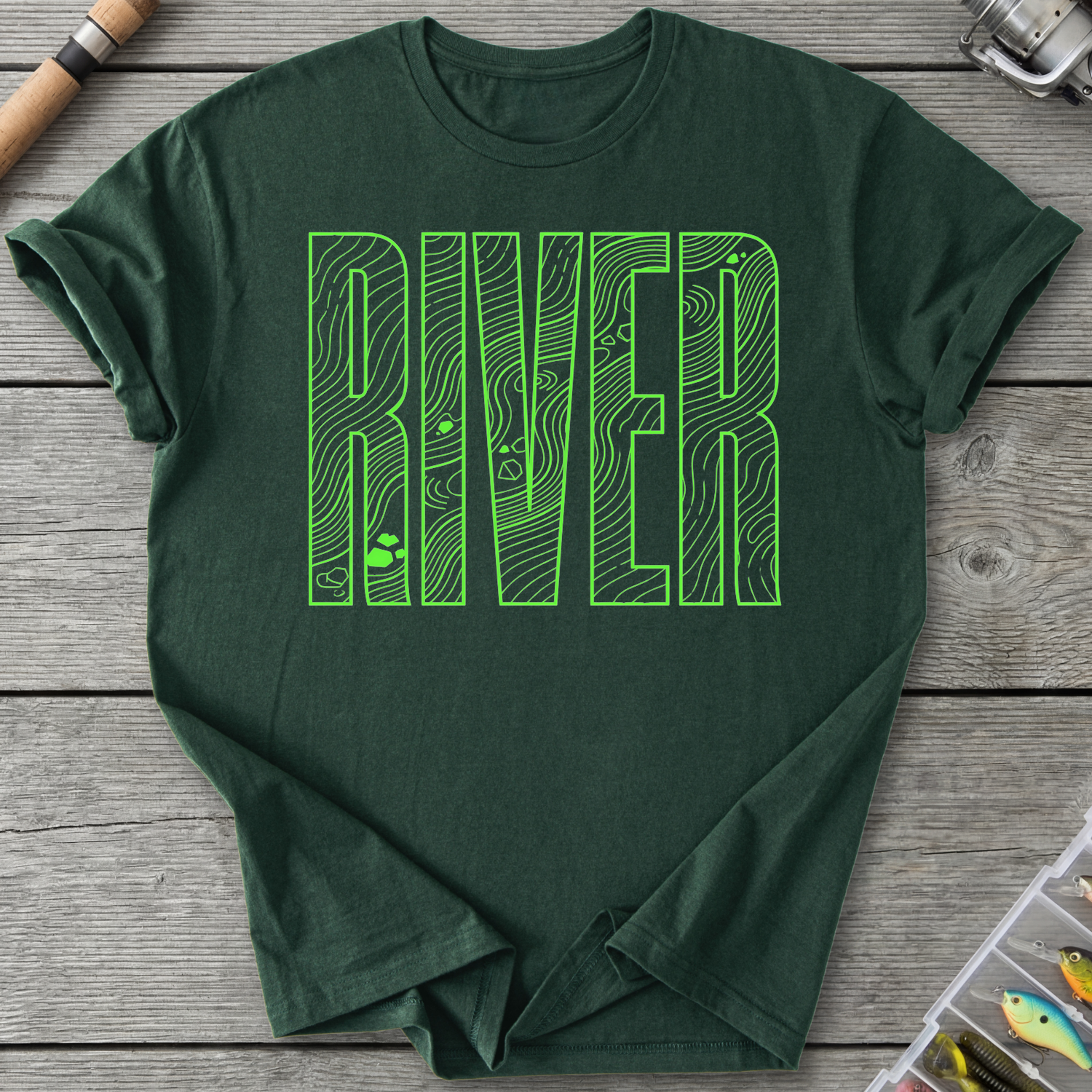 Bold River Neon Line Art T-Shirt in Forest Green | River Giants Club