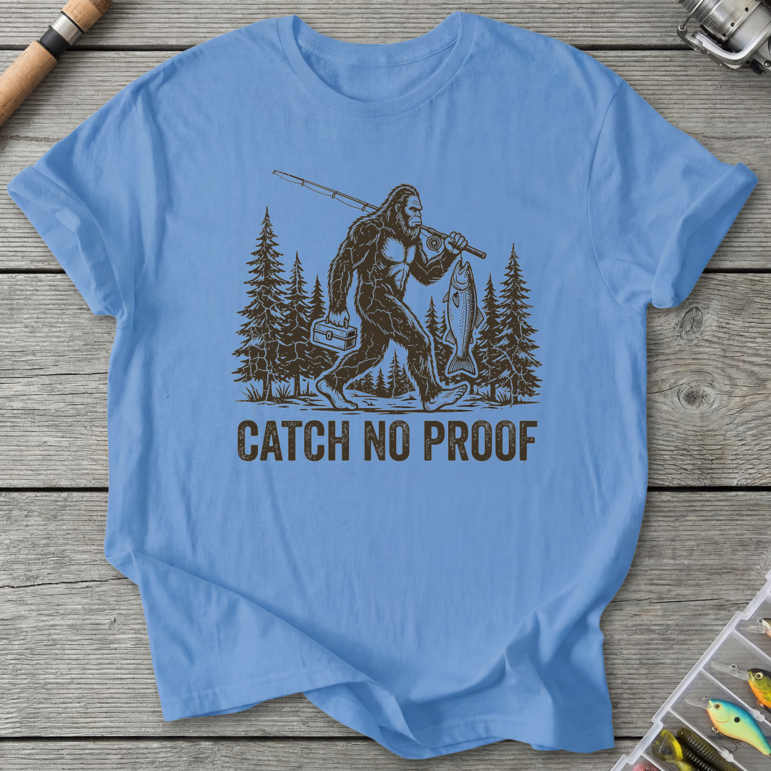 Catch No Proof Bigfoot Fishing T-Shirt in Carolina Blue | River Giants Club