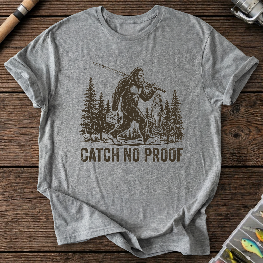 Catch No Proof Bigfoot Fishing T-Shirt in Graphite Heather | River Giants Club