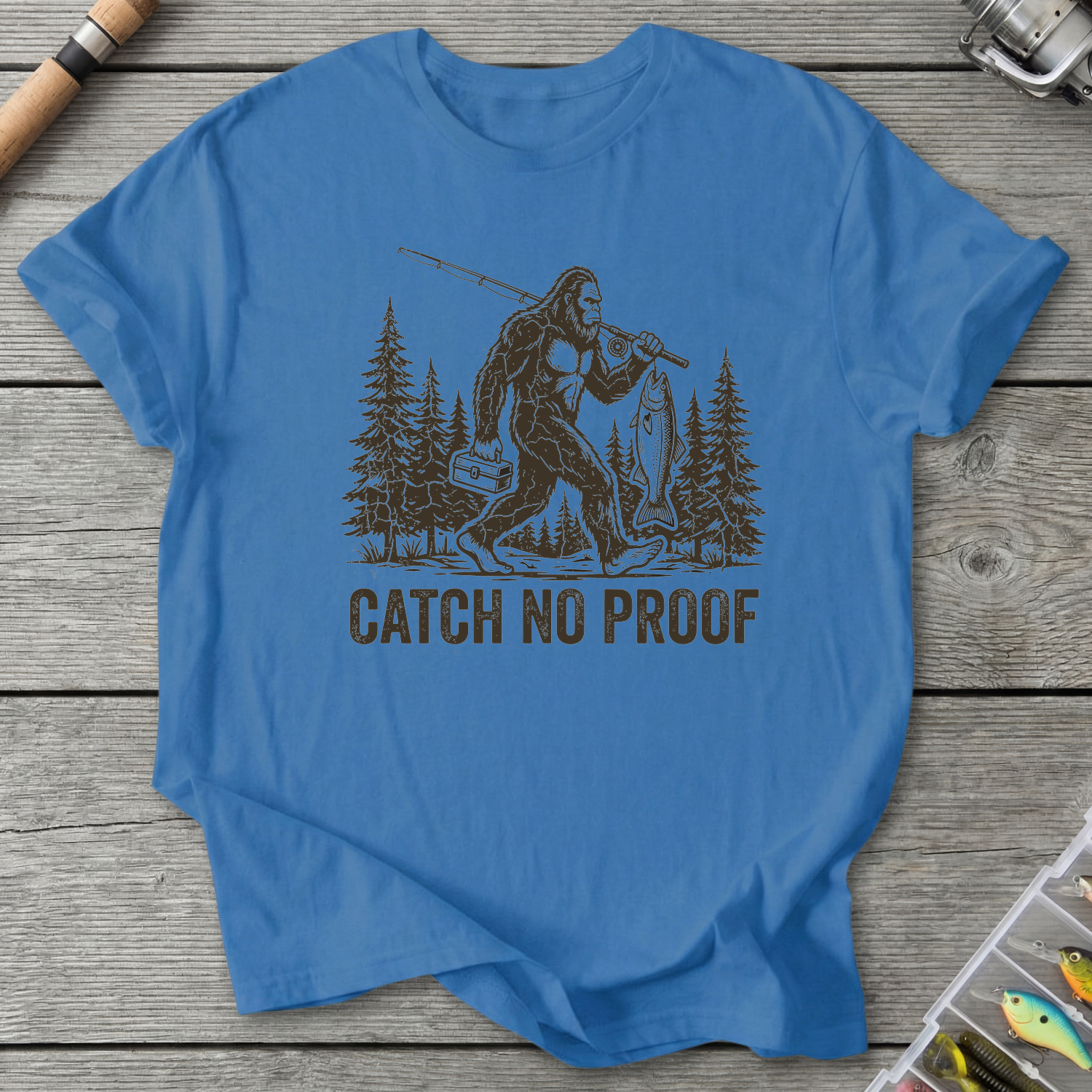 Catch No Proof Bigfoot Fishing T-Shirt in Iris | River Giants Club