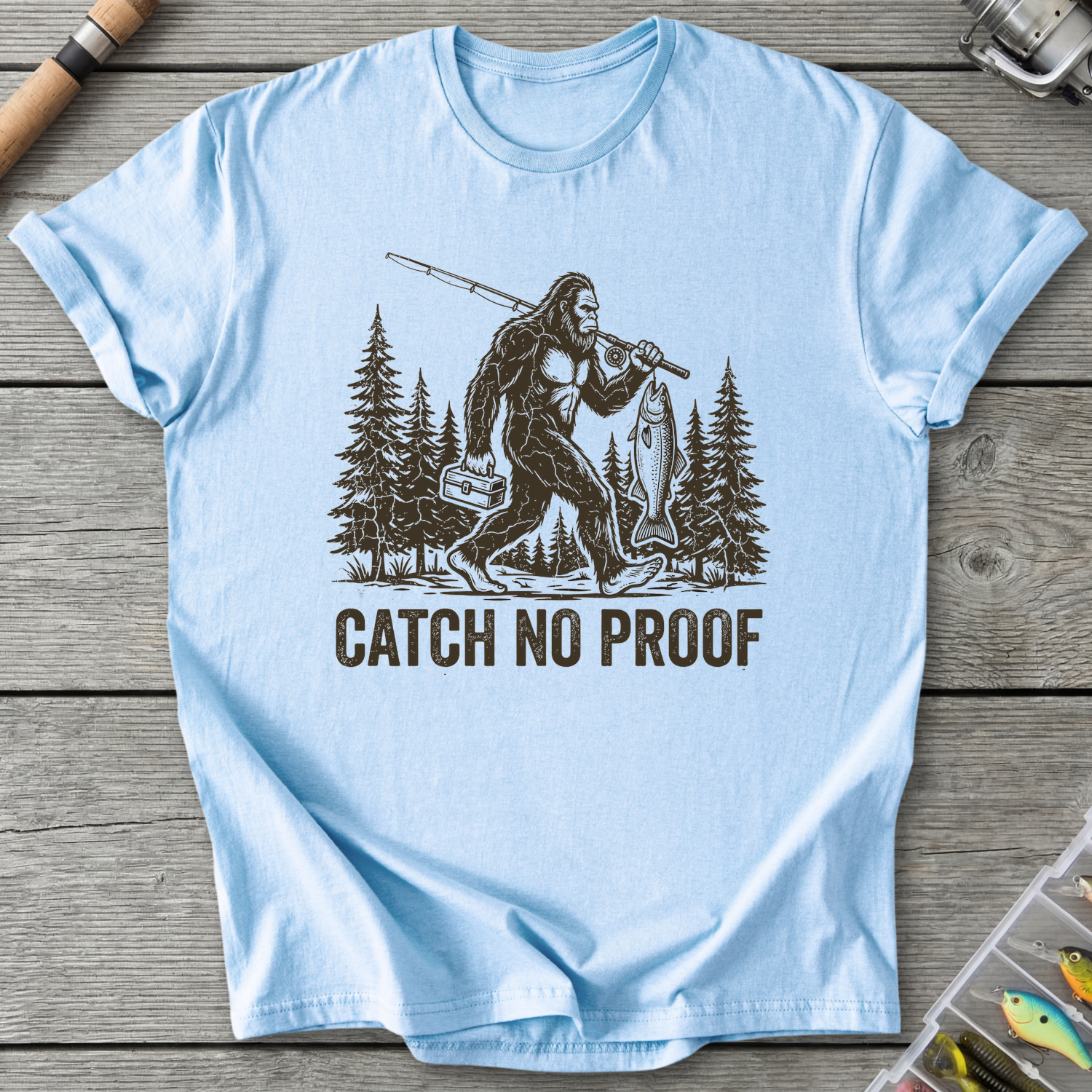 Catch No Proof Bigfoot Fishing T-Shirt in Light Blue | River Giants Club
