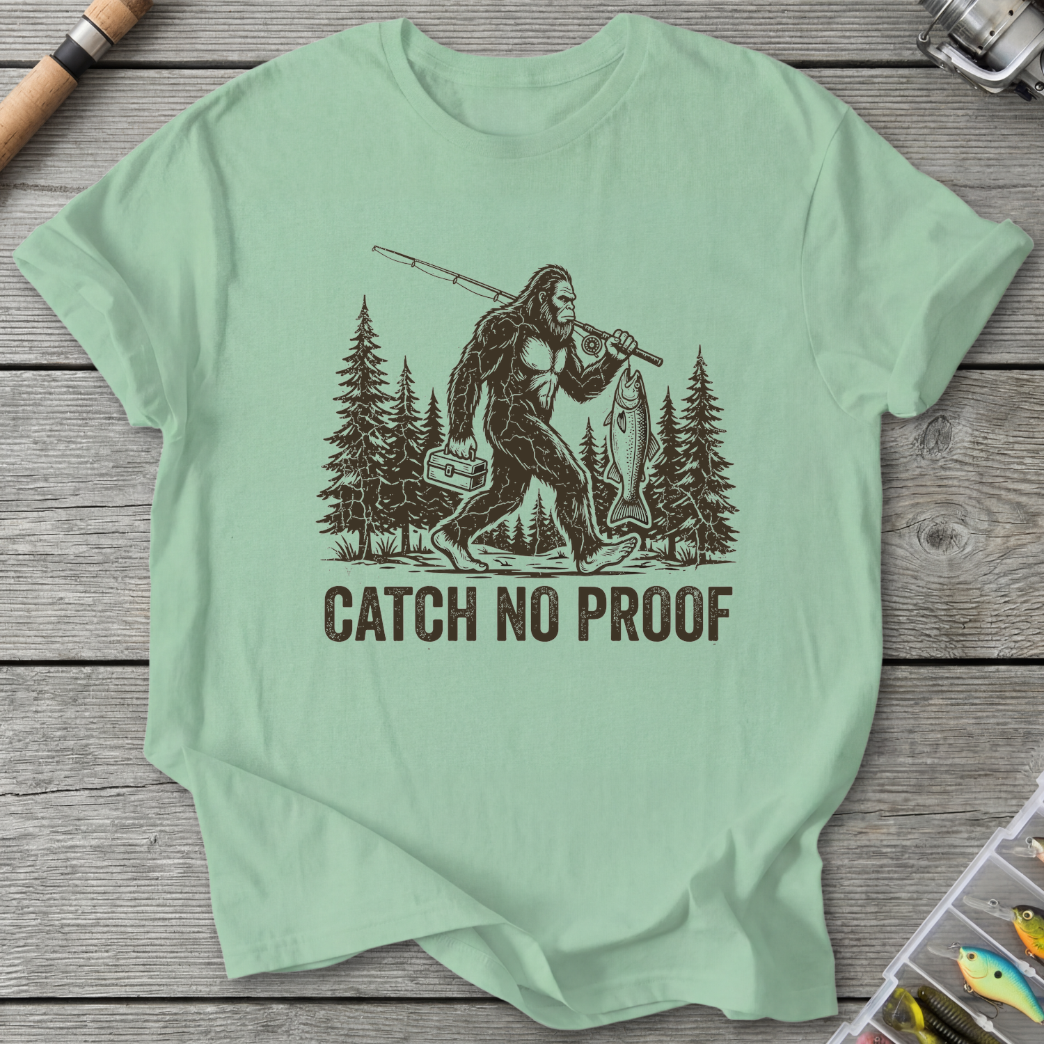 Catch No Proof Bigfoot Fishing T-Shirt in Mint Green | River Giants Club