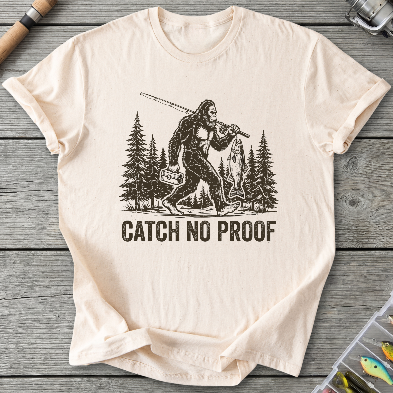 Catch No Proof Bigfoot Fishing T-Shirt in Natural | River Giants Club