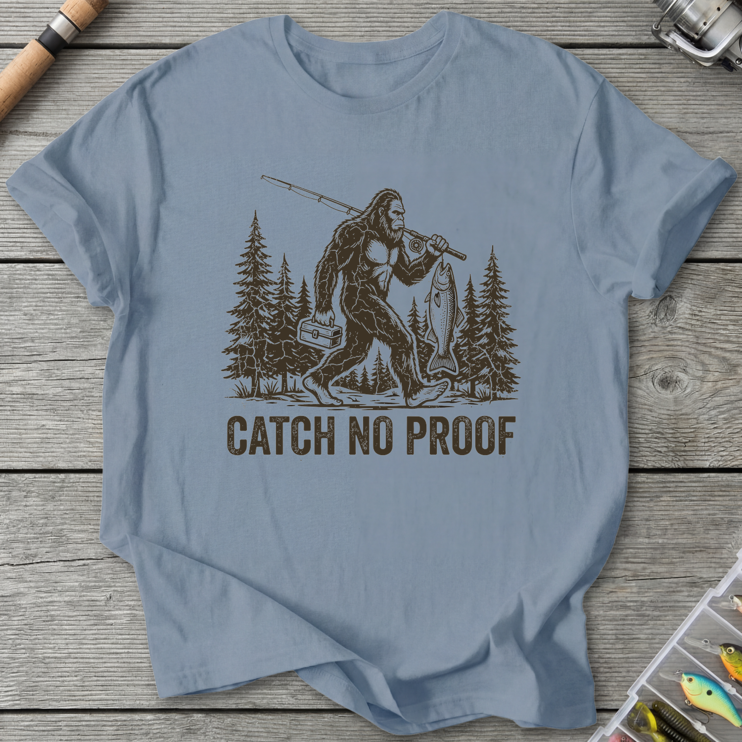 Catch No Proof Bigfoot Fishing T-Shirt in Stone Blue | River Giants Club