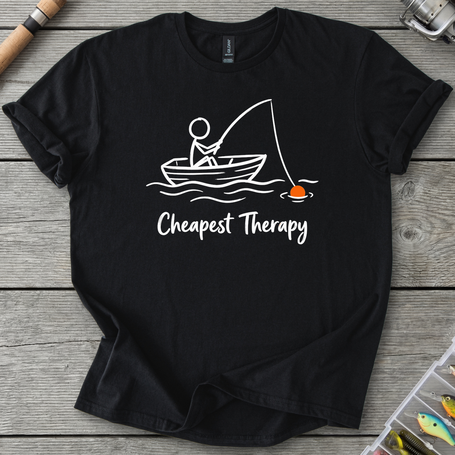 Cheapest Therapy Fishing Stick Figure T-Shirt in Black | River Giants Club