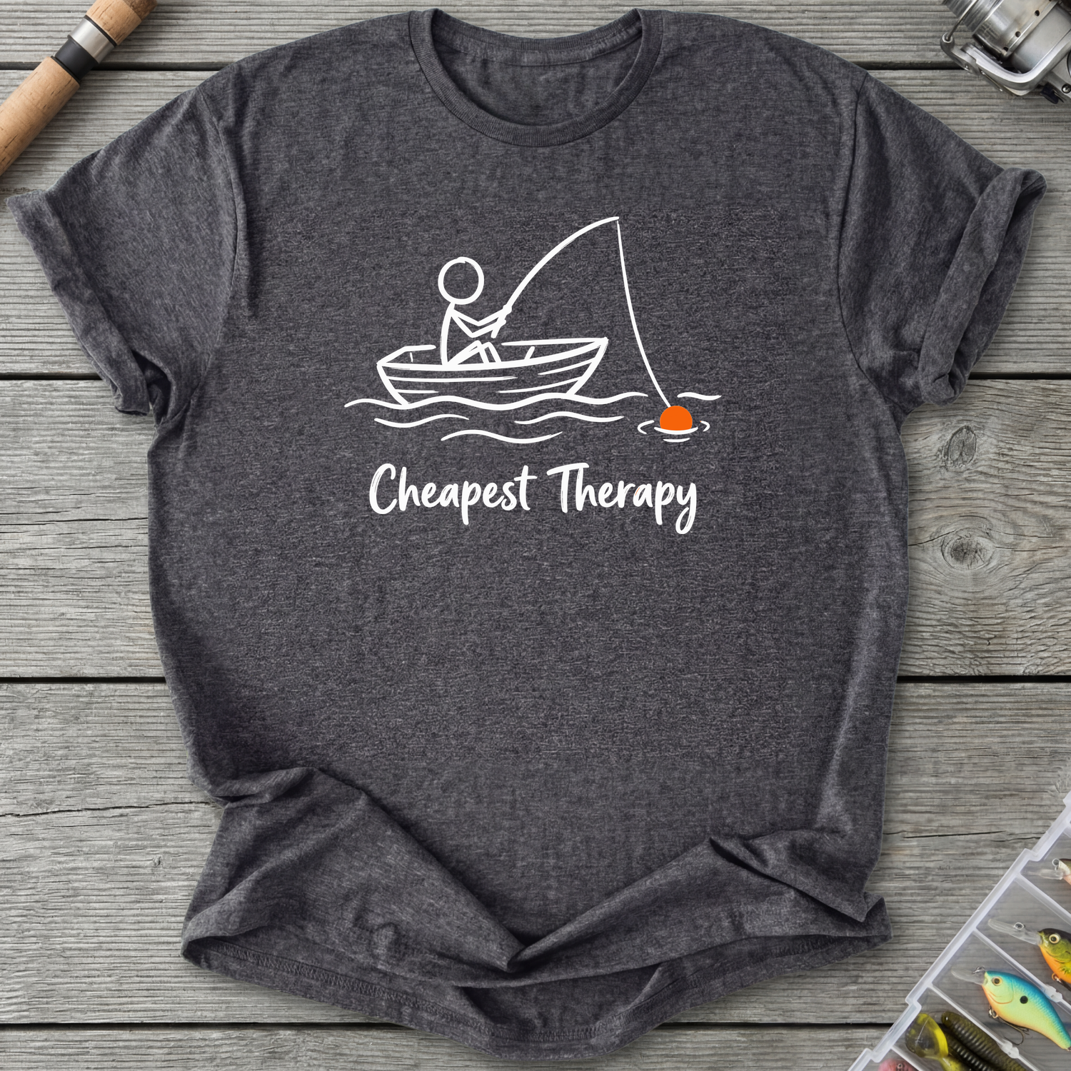 Cheapest Therapy Fishing Stick Figure T-Shirt in Dark Heather Grey | River Giants Club