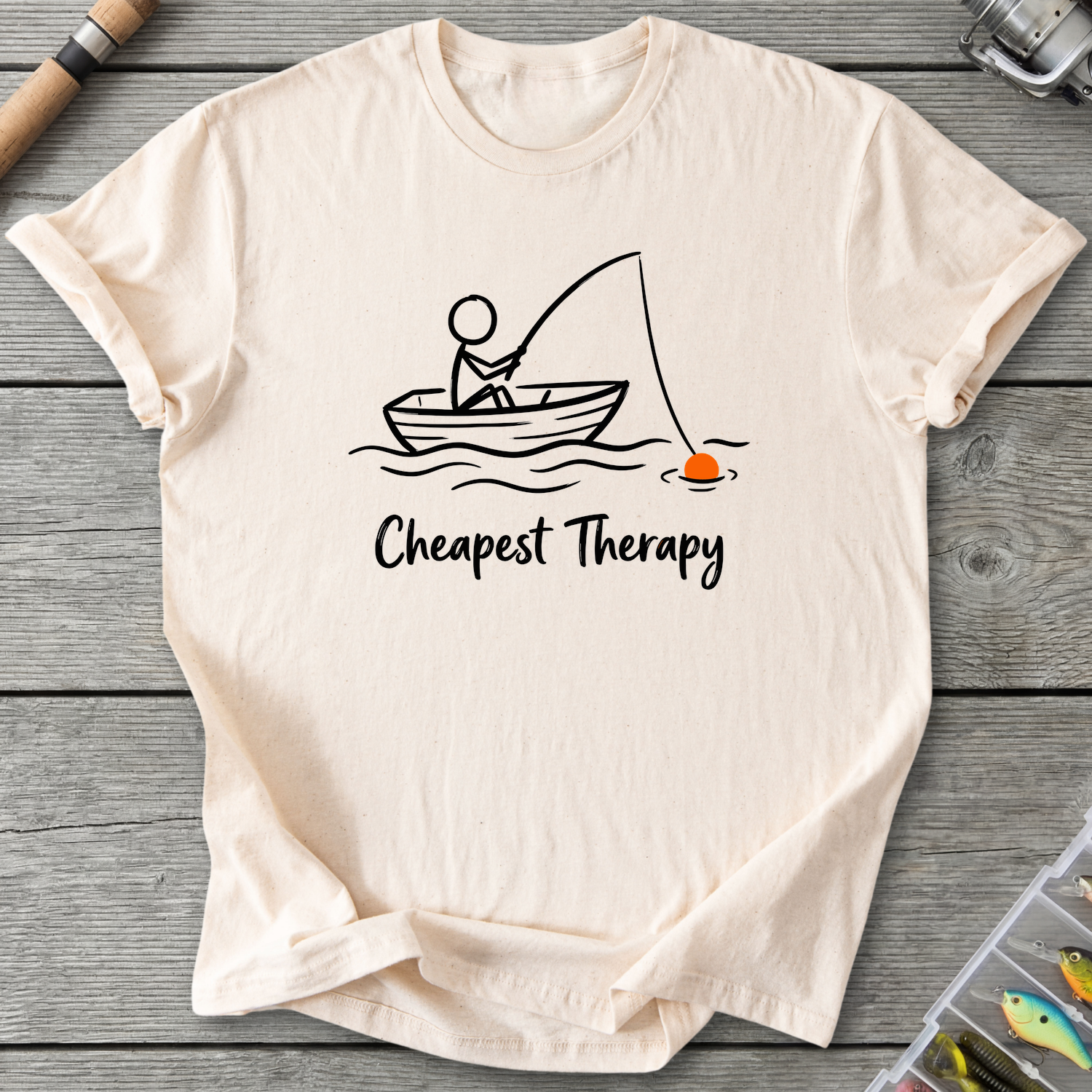 Cheapest Therapy Fishing Stick Figure T-Shirt in Natural | River Giants Club