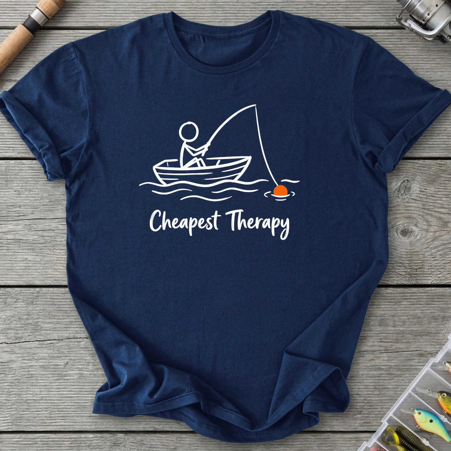 Cheapest Therapy Fishing Stick Figure T-Shirt in Navy | River Giants Club