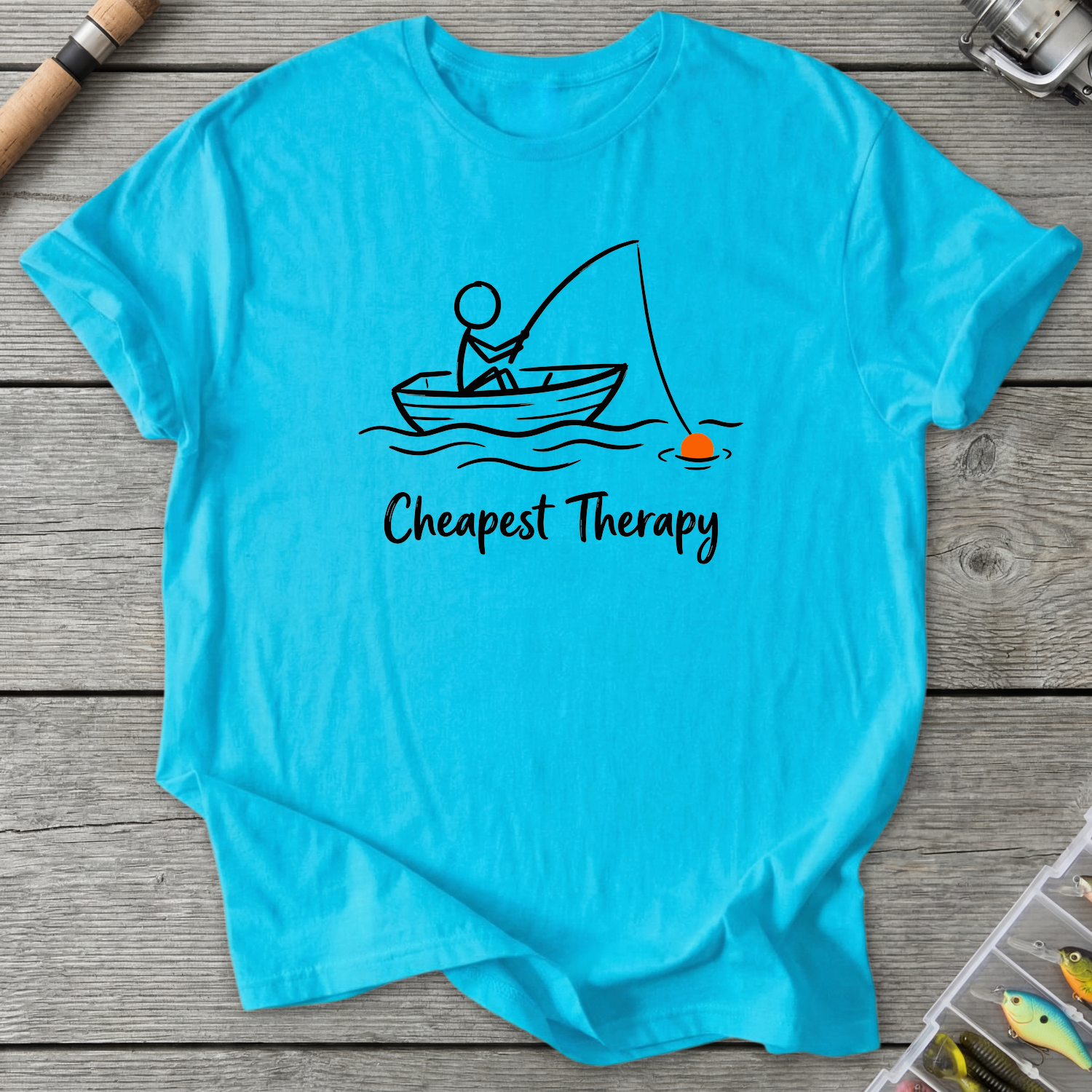 Cheapest Therapy Fishing Stick Figure T-Shirt in Sky | River Giants Club