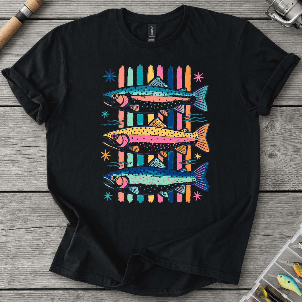 Colorful Trout Retro Pop Art T-Shirt in Black | River Giants Club