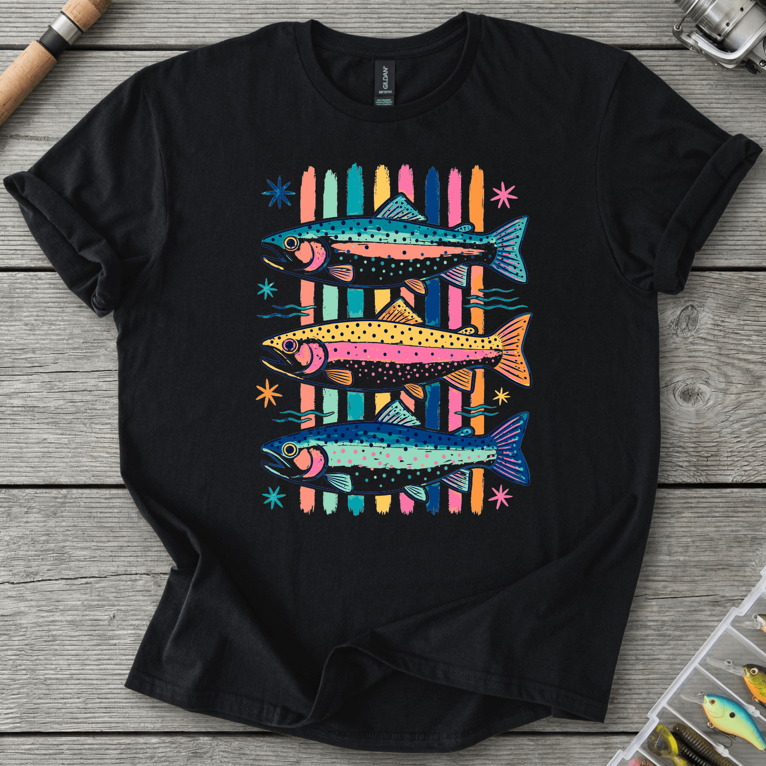 Colorful Trout Retro Pop Art T-Shirt in Black | River Giants Club