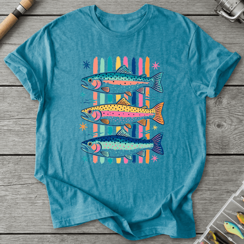 Colorful Trout Retro Pop Art T-Shirt in Heather Galapagos Blue | River Giants Club