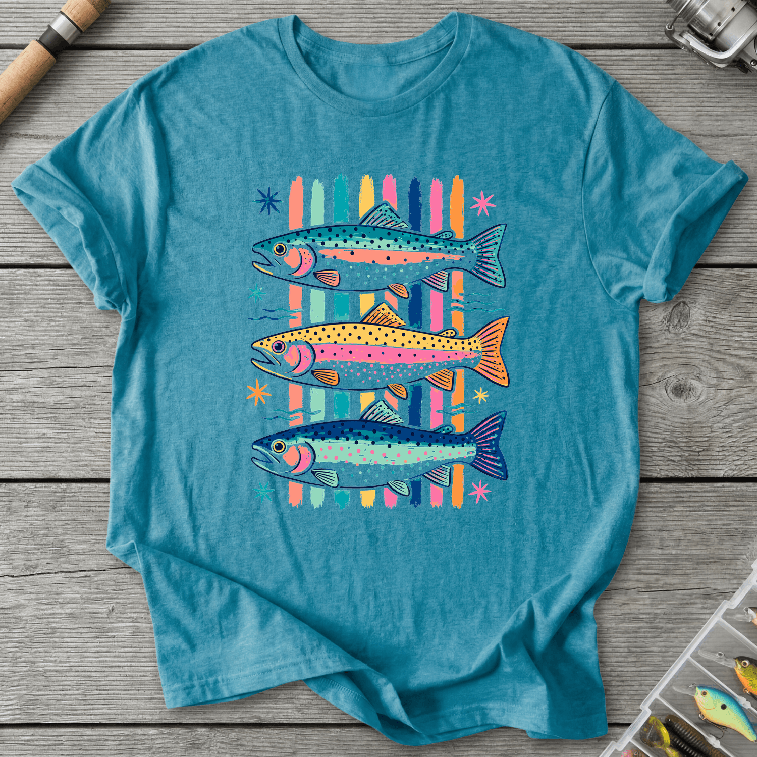Colorful Trout Retro Pop Art T-Shirt in Heather Galapagos Blue | River Giants Club