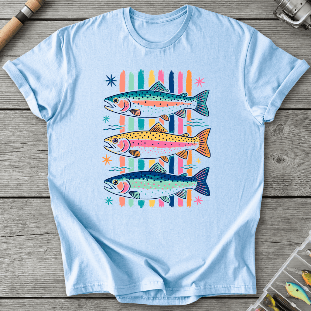 Colorful Trout Retro Pop Art T-Shirt in Light Blue | River Giants Club