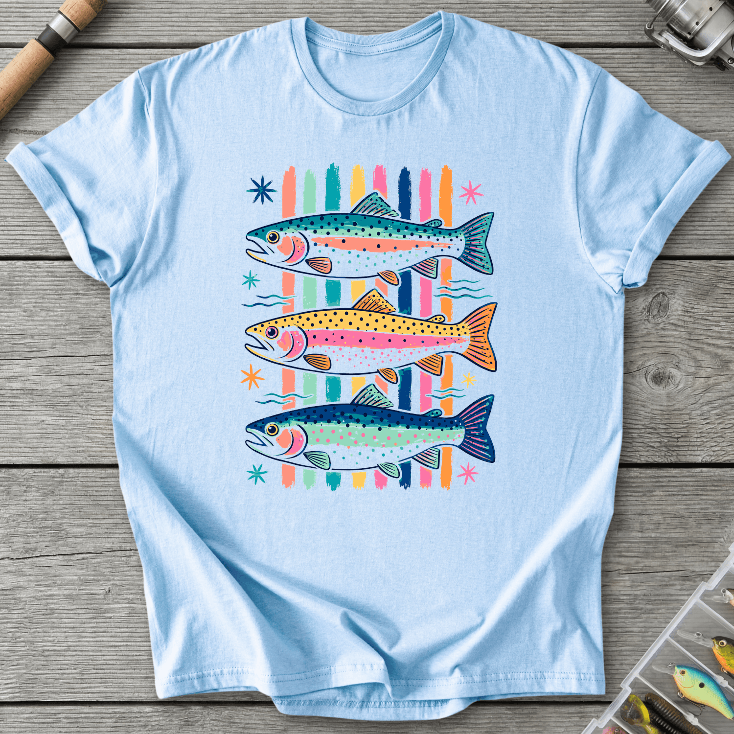 Colorful Trout Retro Pop Art T-Shirt in Light Blue | River Giants Club