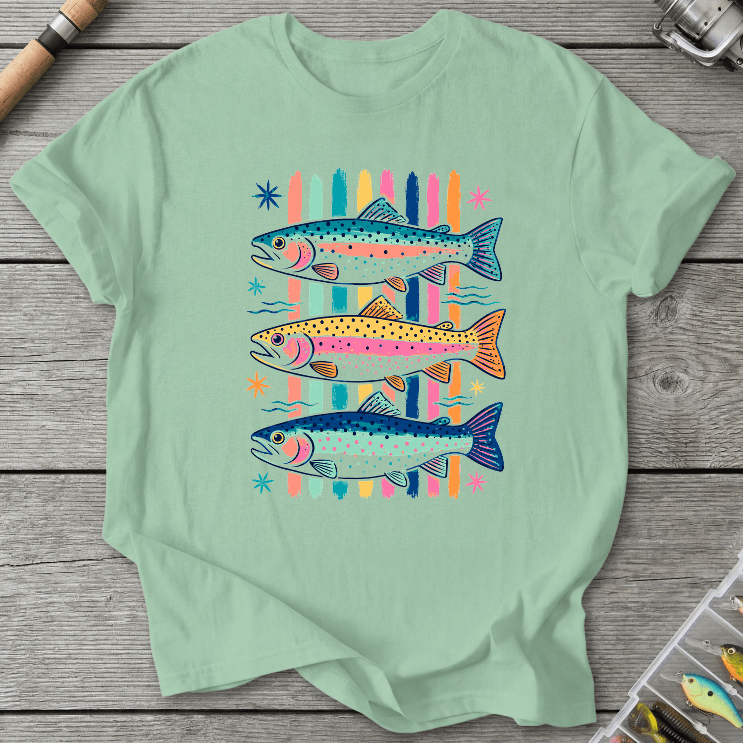 Colorful Trout Retro Pop Art T-Shirt in Mint Green | River Giants Club