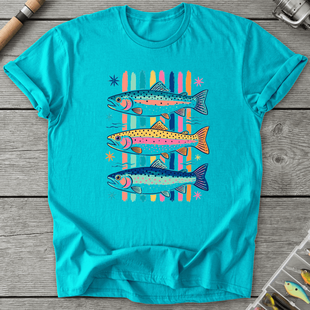Colorful Trout Retro Pop Art T-Shirt in Tropical Blue | River Giants Club