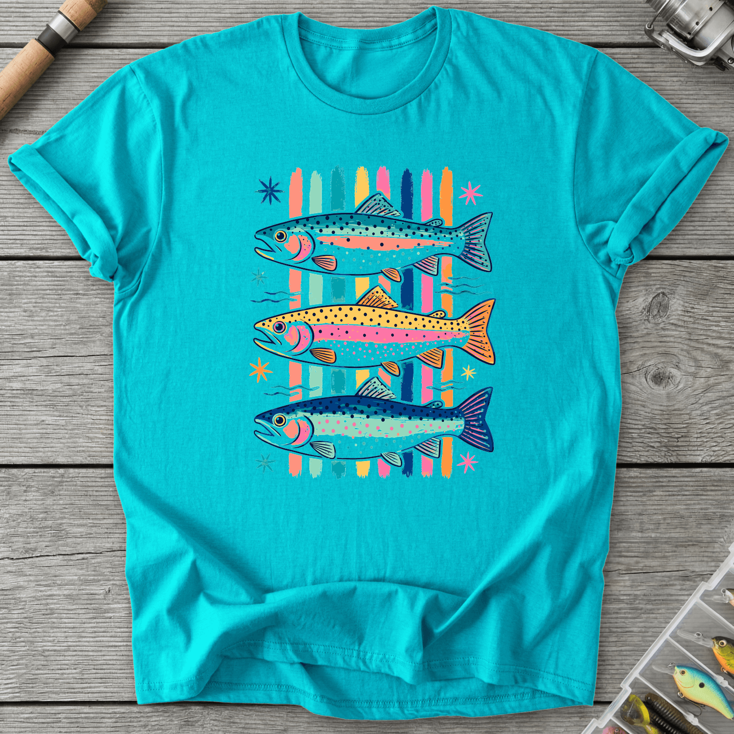 Colorful Trout Retro Pop Art T-Shirt in Tropical Blue | River Giants Club