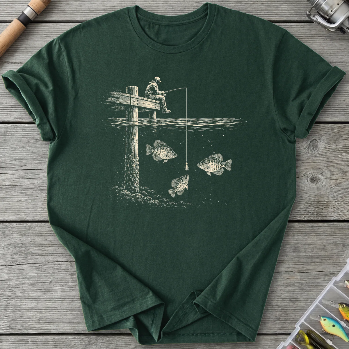 Crappie Fishing Dock Life T-Shirt in Forest Green | River Giants Club