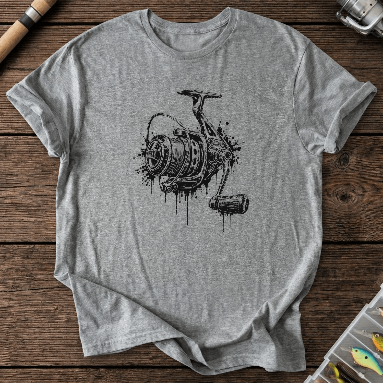 Dripping Ink Fishing Reel T-Shirt in Graphite Heather | River Giants Club