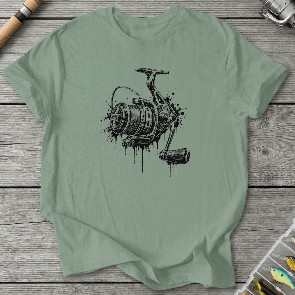 Dripping Ink Fishing Reel T-Shirt in Sage | River Giants Club