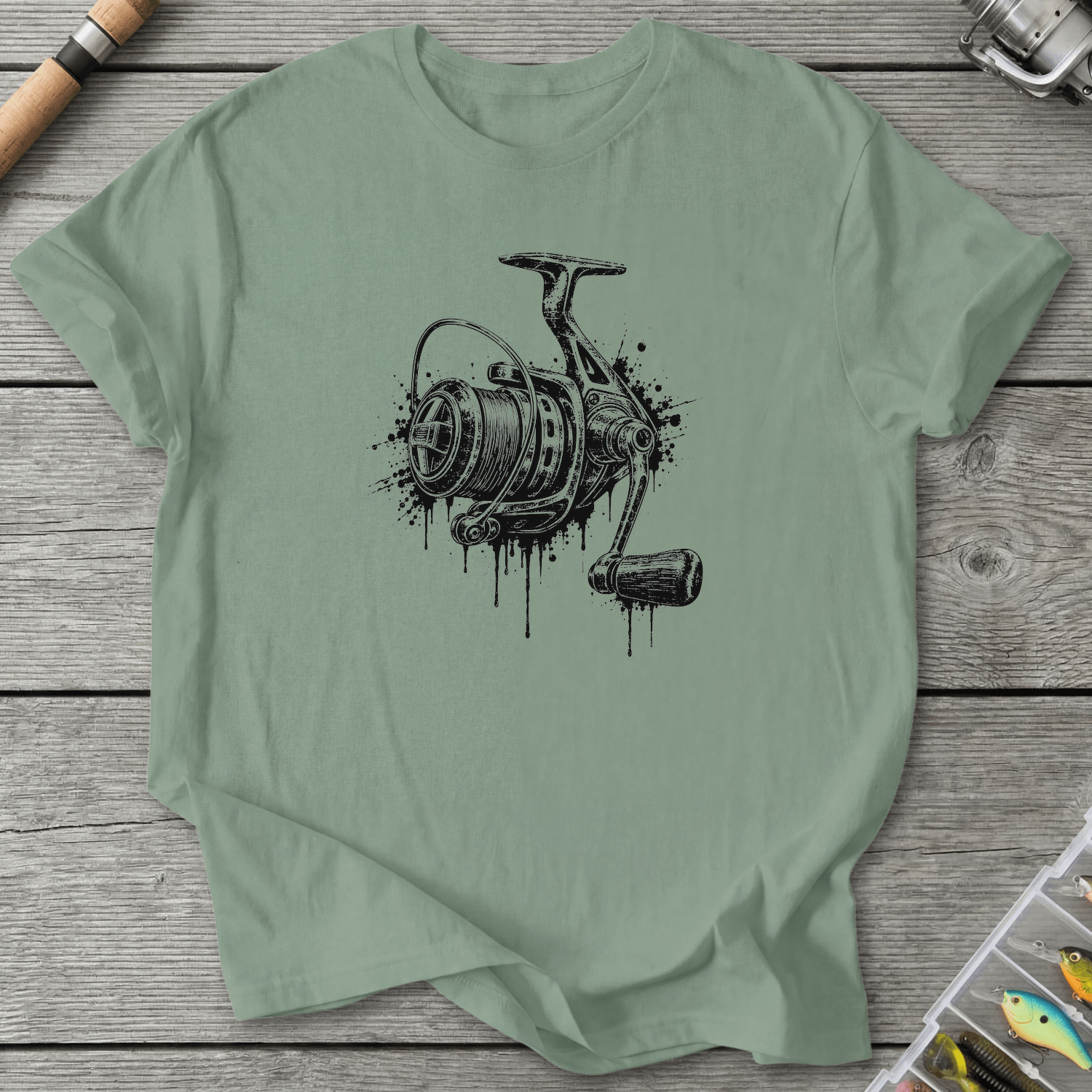 Dripping Ink Fishing Reel T-Shirt in Sage | River Giants Club