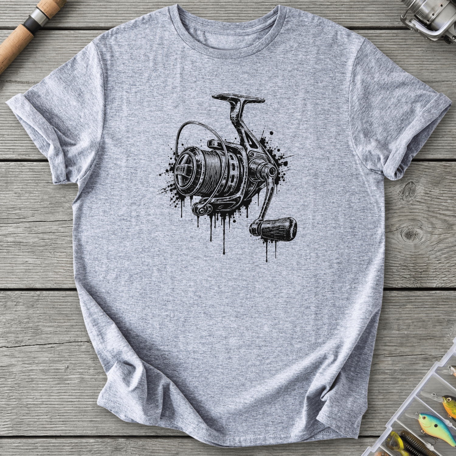 Dripping Ink Fishing Reel T-Shirt in Sport Grey | River Giants Club