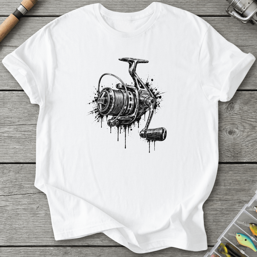 Dripping Ink Fishing Reel T-Shirt in White | River Giants Club