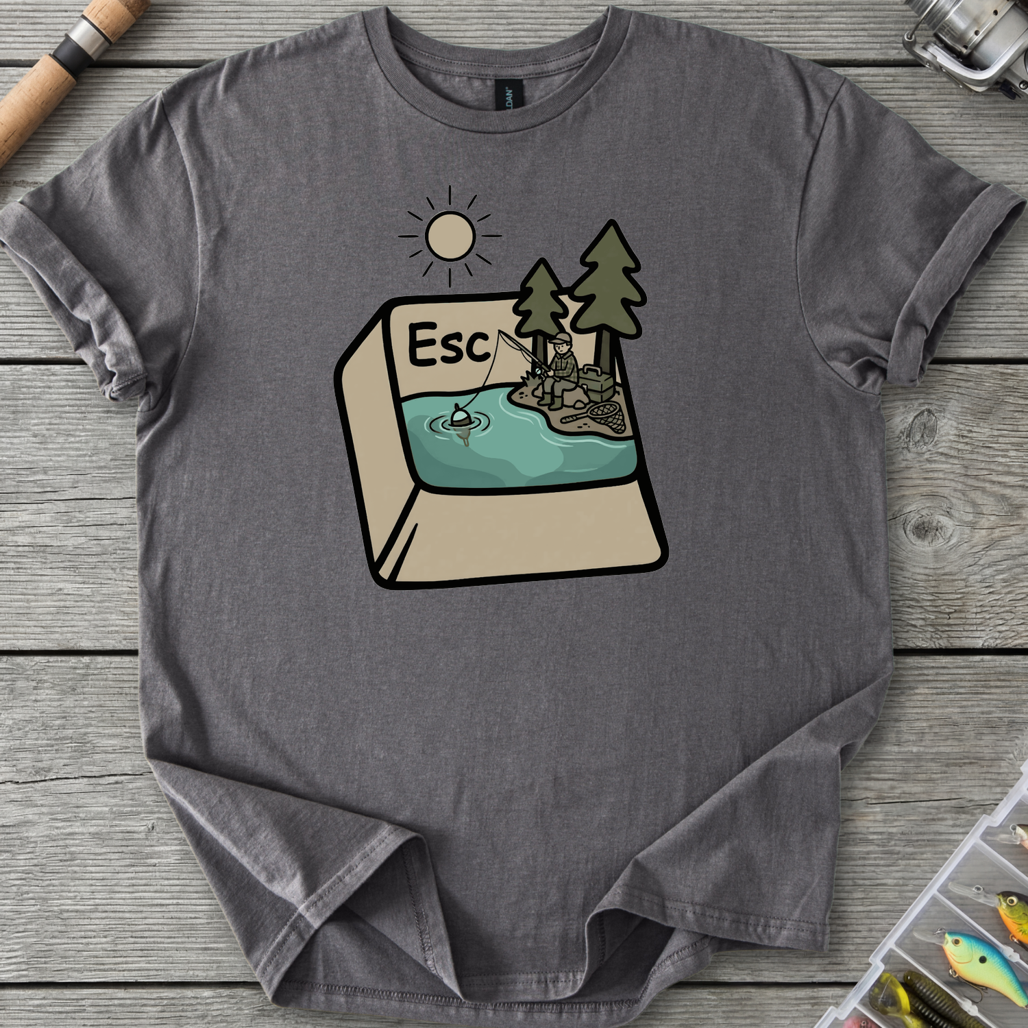 Escape Button Fishing T-Shirt in Charcoal | River Giants Club