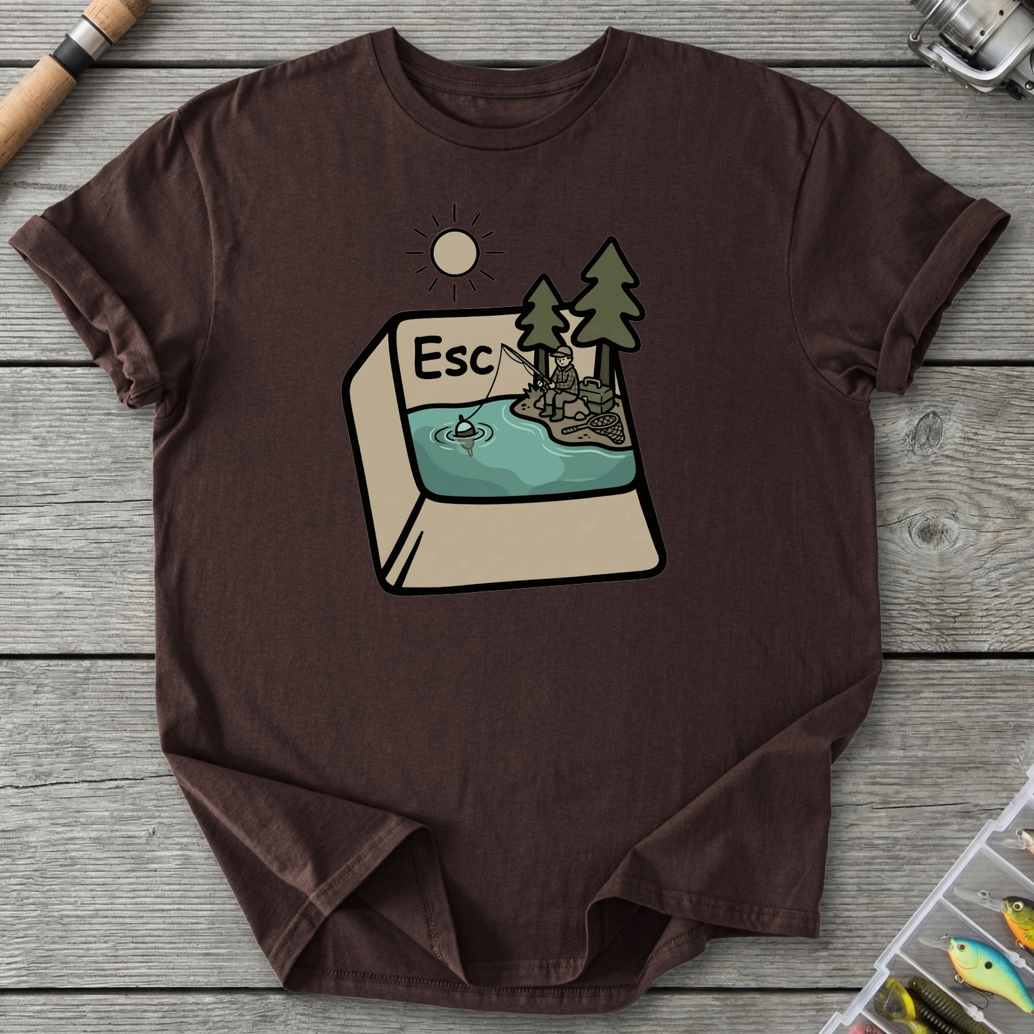 Escape Button Fishing T-Shirt in Dark Chocolate | River Giants Club