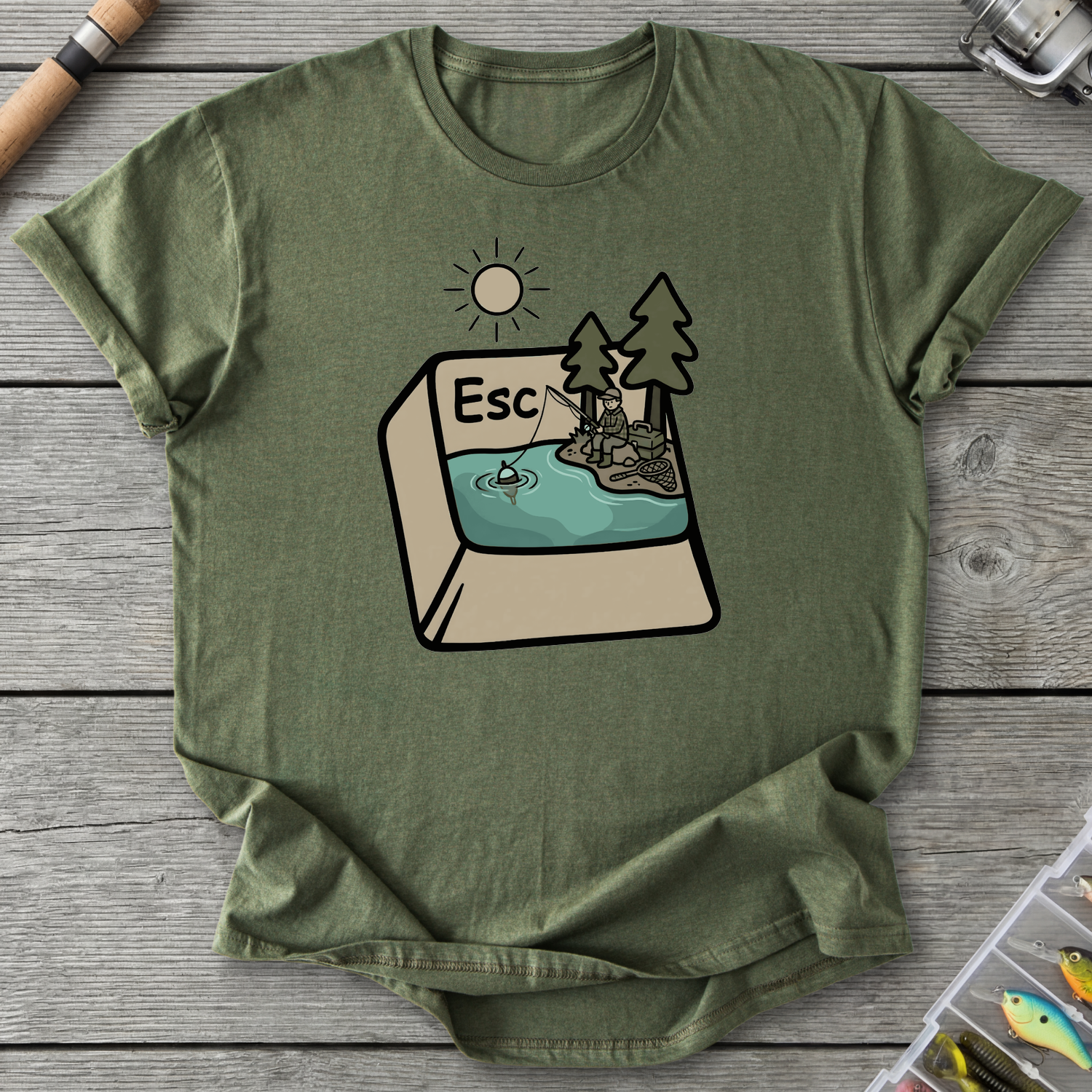 Escape Button Fishing T-Shirt in Military Green | River Giants Club