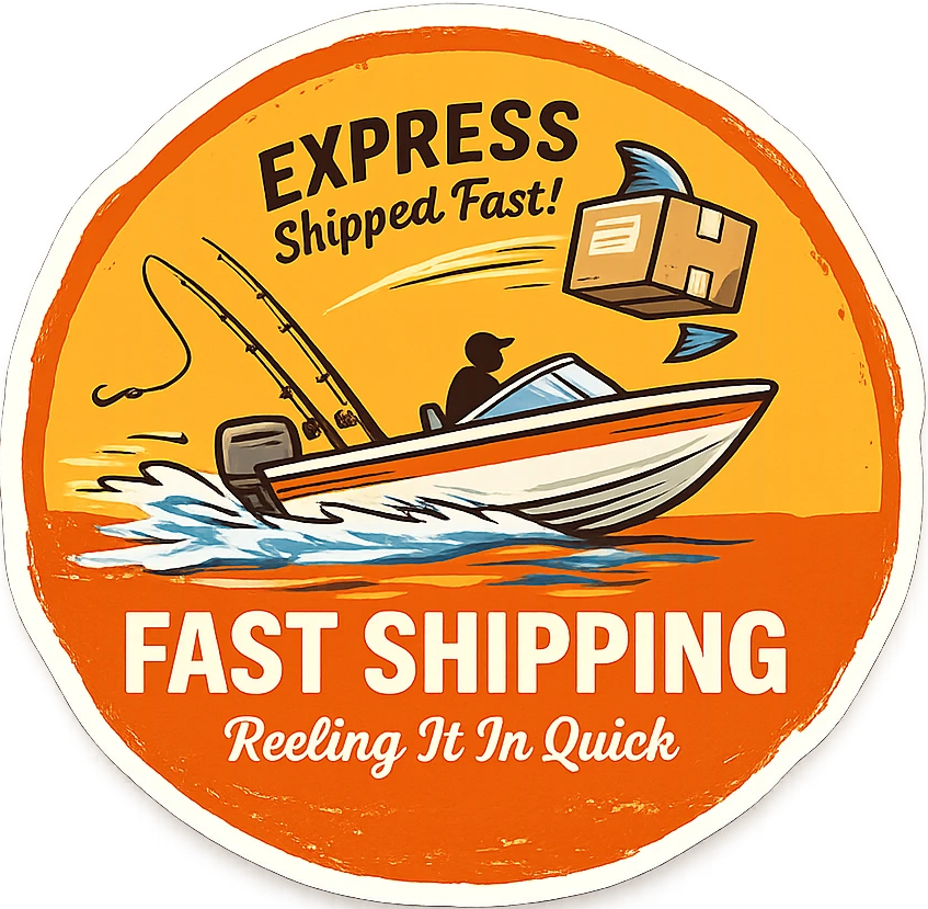 A circular sticker or decal featuring a cartoon speedboat, a person on board, and a shipping box with the text 'EXPRESS Shipped Fast!' and 'FAST SHIPPING Reeling It In Quick' on a white background.