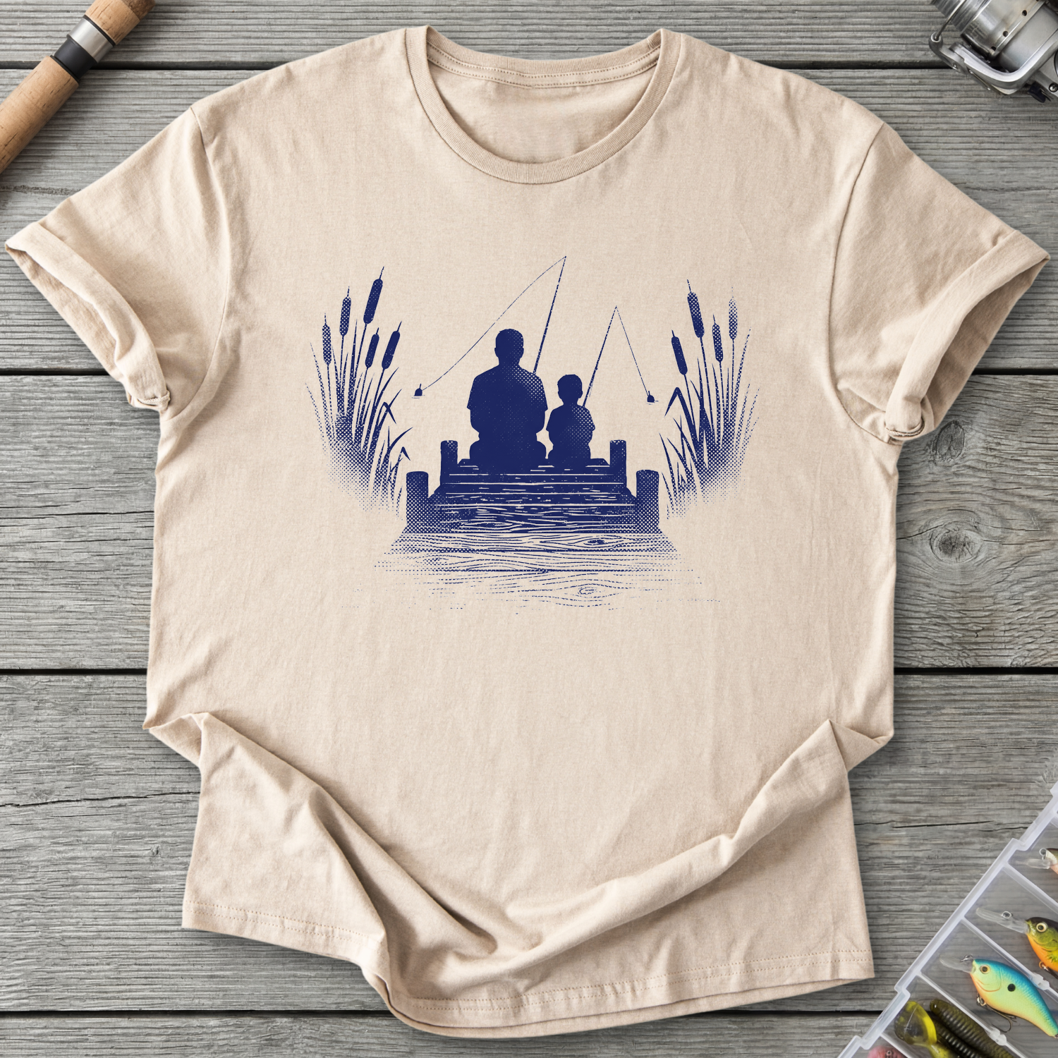 Father Son Fishing Silhouette T-Shirt in Sand | River Giants Club