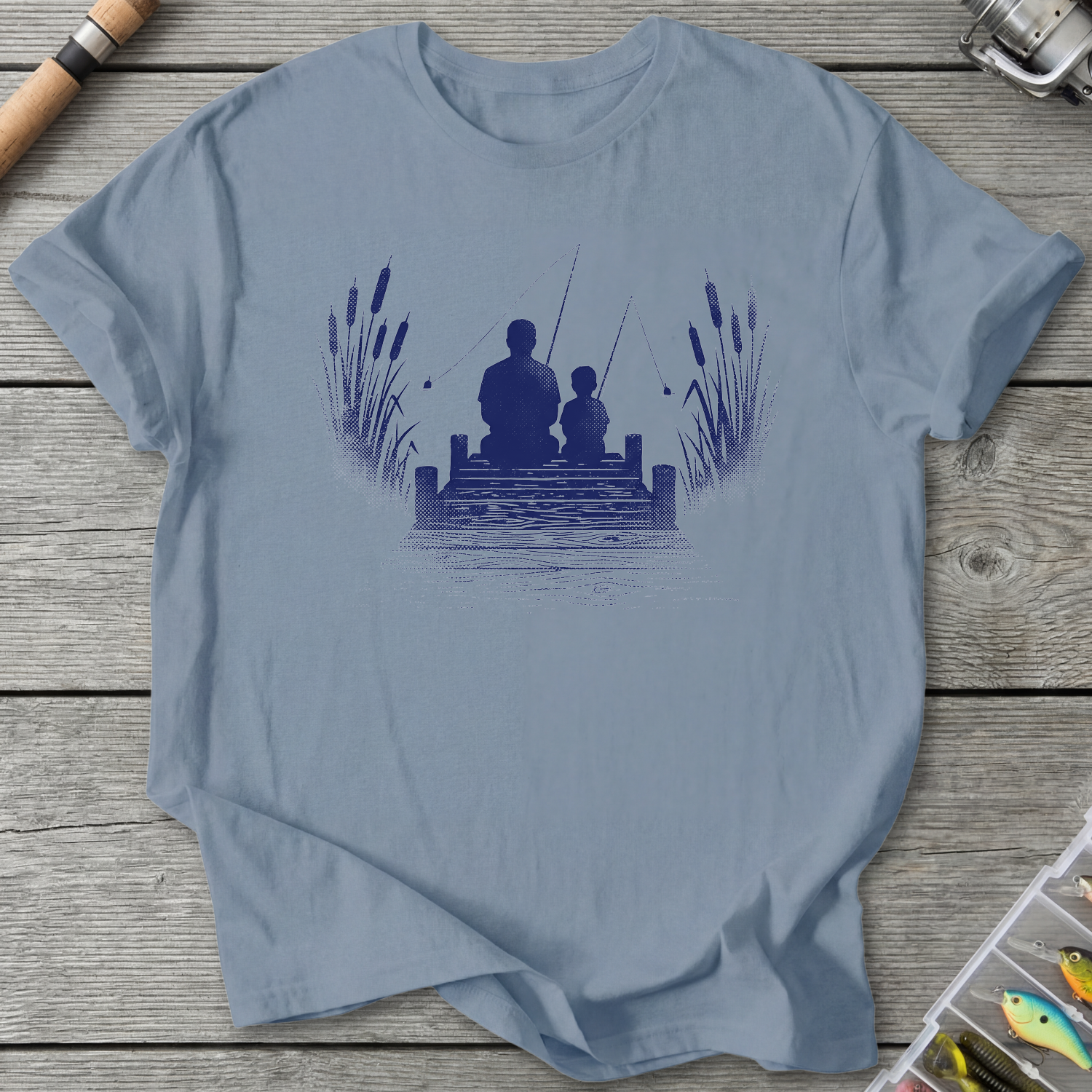 Father Son Fishing Silhouette T-Shirt in Stone Blue | River Giants Club